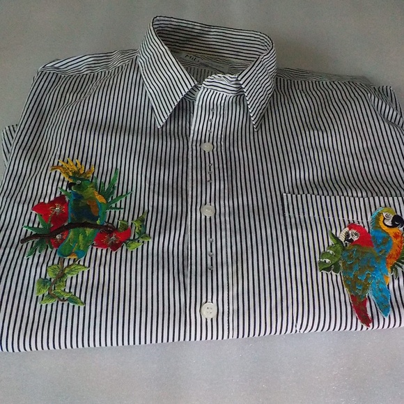 Black/White Stripe Blouse w/Colorful Appliqued Parrots - Picture 7 of 9